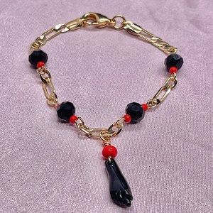 18k Gold Filled Kids Azabache / Onyx Figaro Link Bracelet 5.5" Long